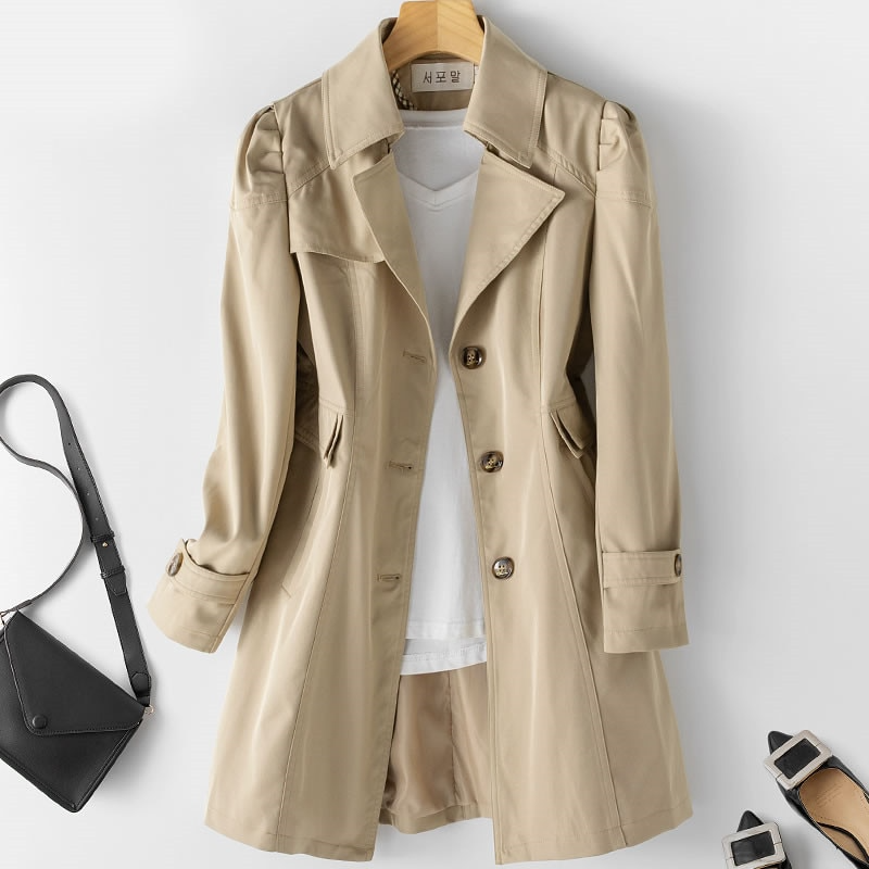 One-Button Trench Coat with Padded Shoulders for Women