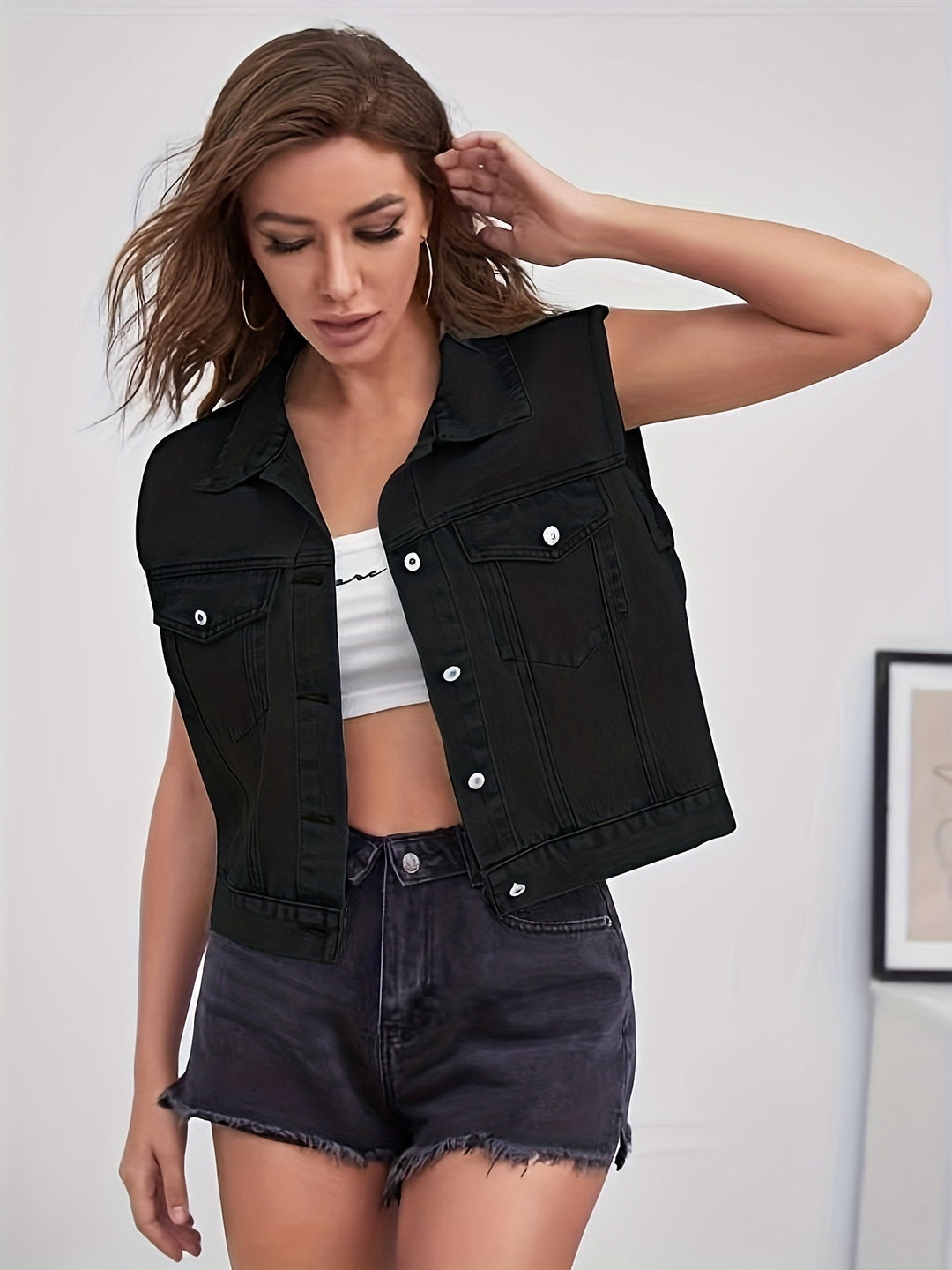 Sleeveless Denim Jacket with Flap Pockets