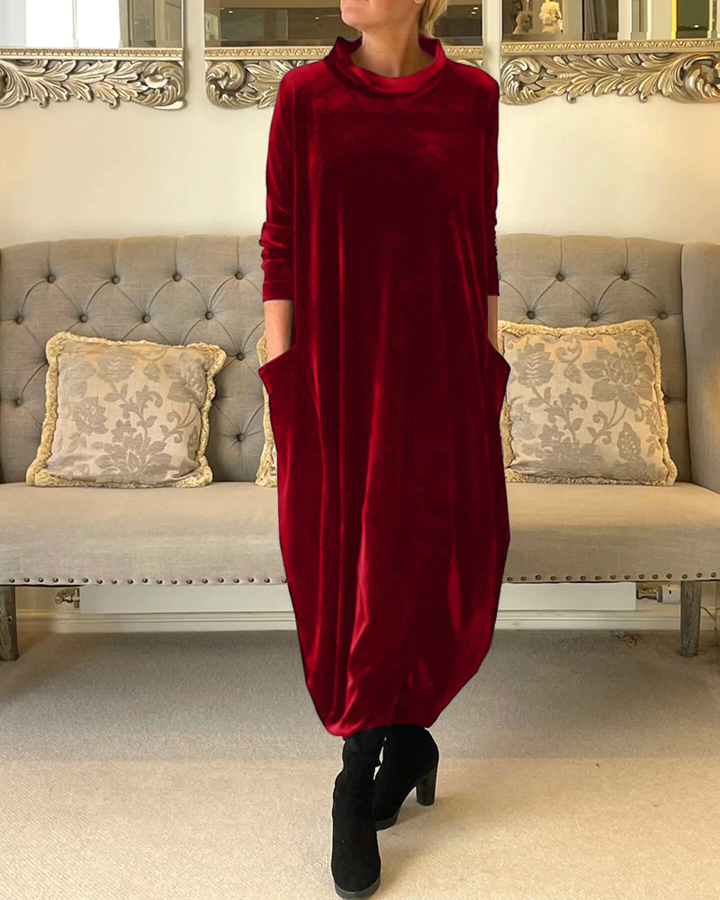 Velvet Midi Dress with Side Seam Pockets for Women