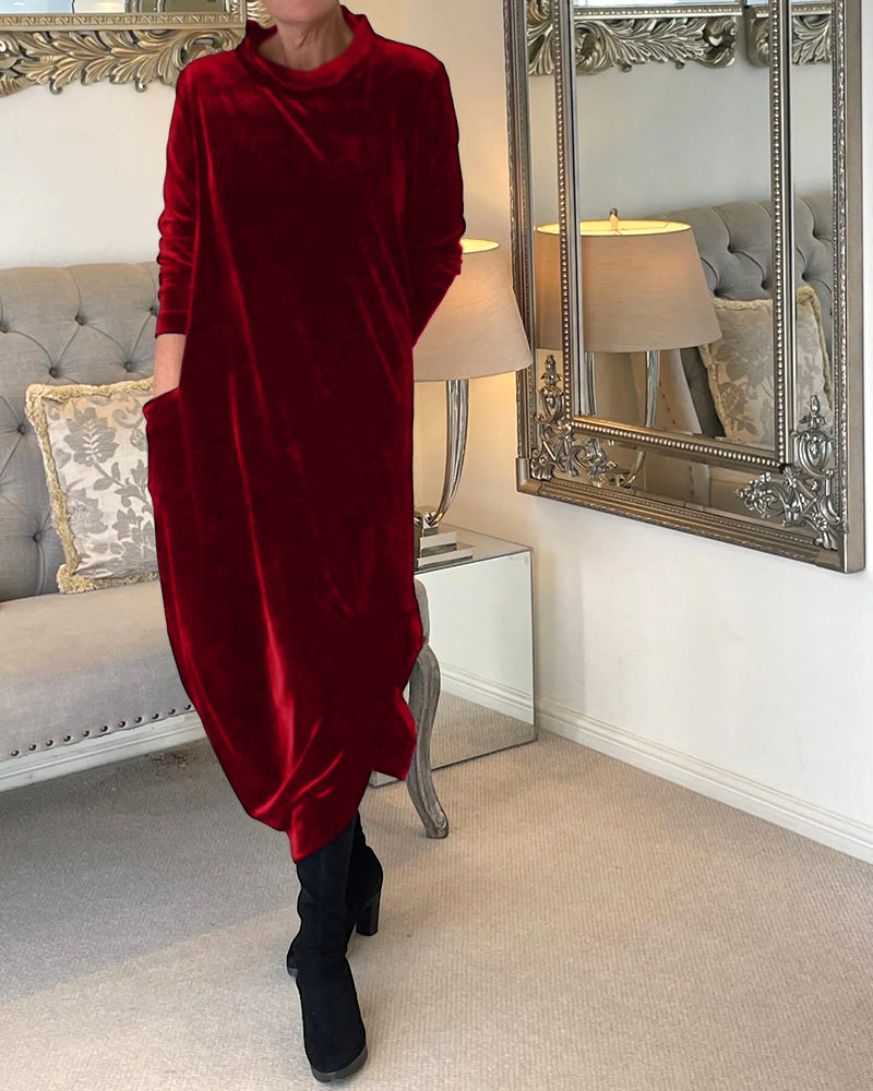 Velvet Midi Dress with Side Seam Pockets for Women