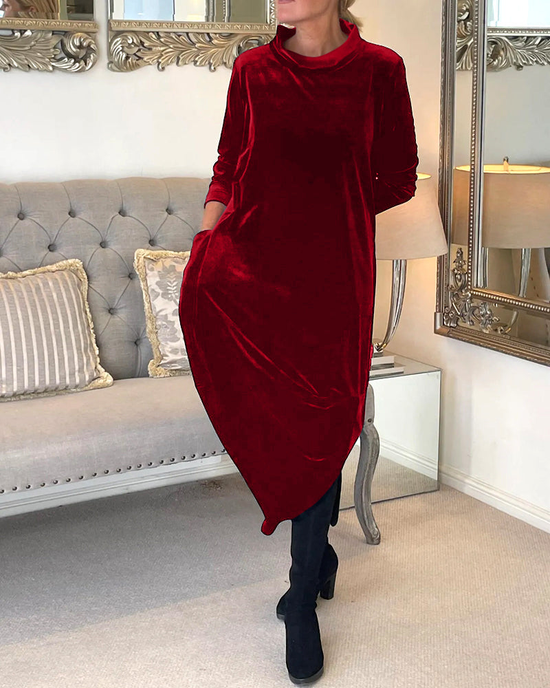 Velvet Midi Dress with Side Seam Pockets for Women