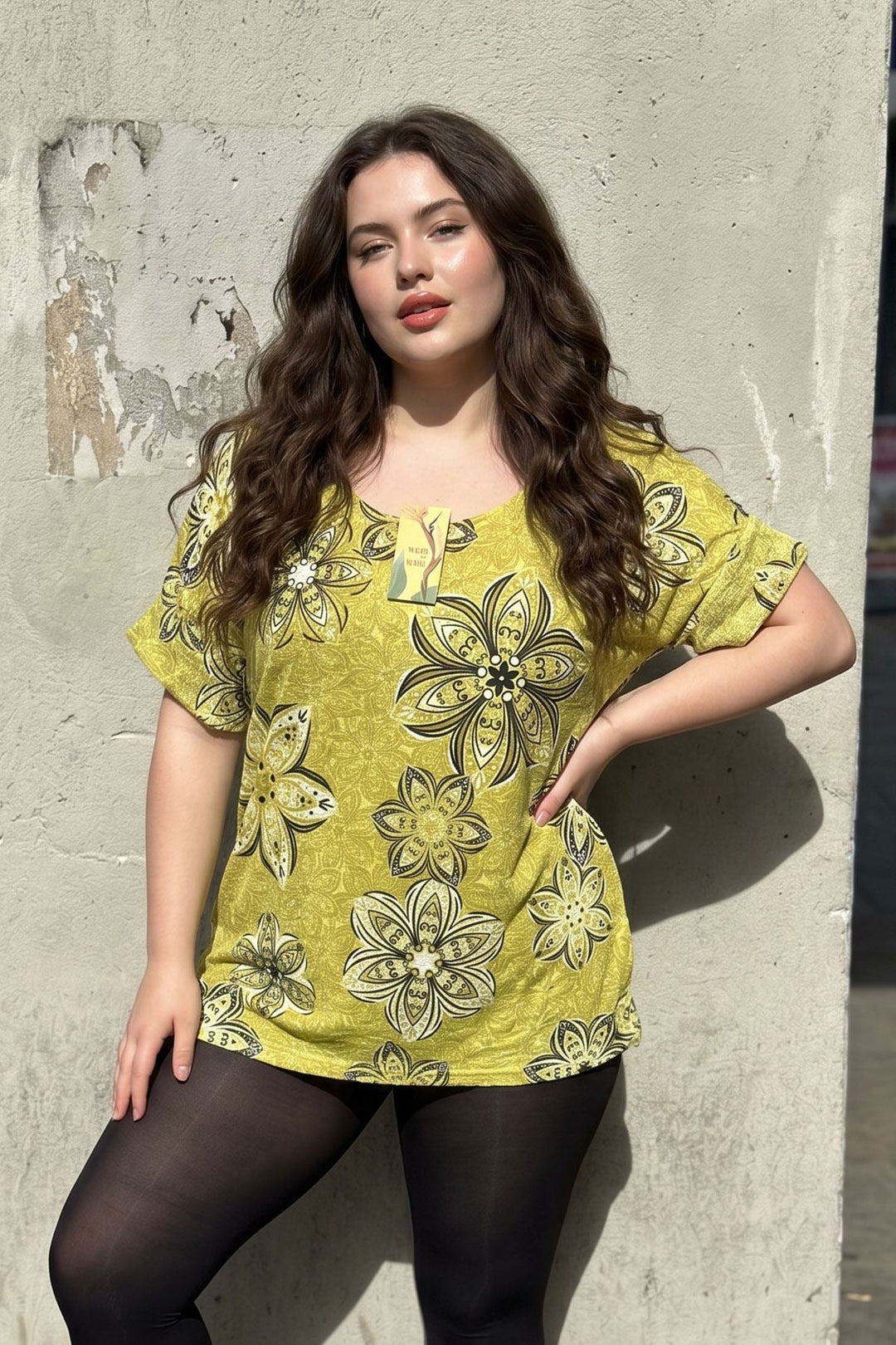 Abstract Floral Print Tunic Cotton Top for Women - Lime Green