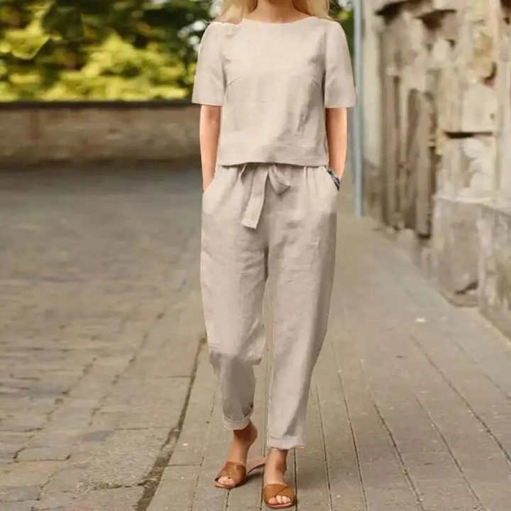Cotton Tie-Front Blouse and Wide-Leg Trousers Set
