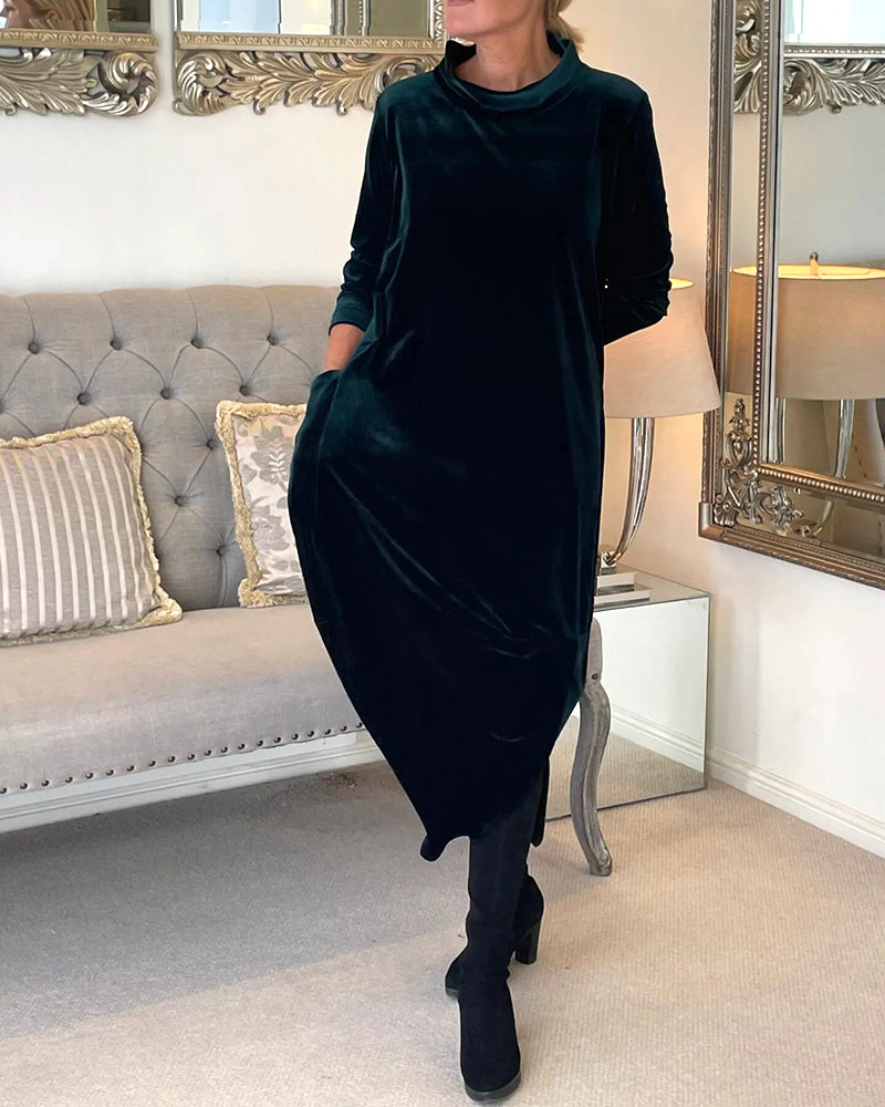 Velvet Midi Dress with Side Seam Pockets for Women
