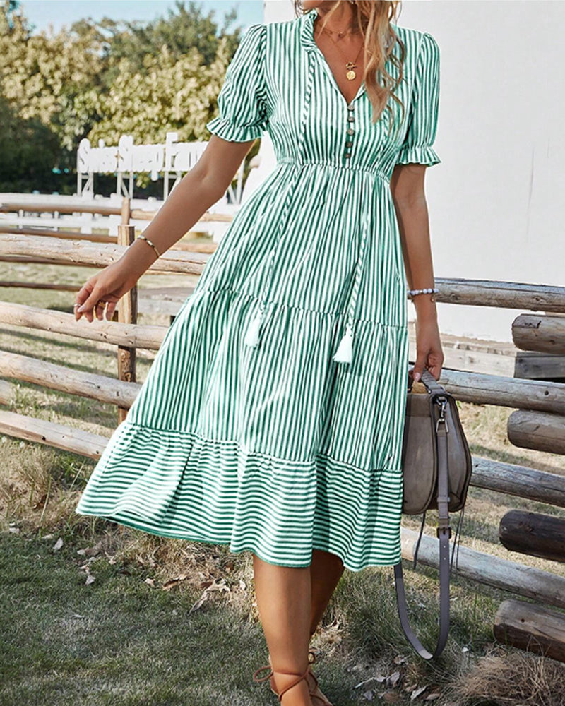 Blue and White Striped Midi Dress with Puff Sleeves