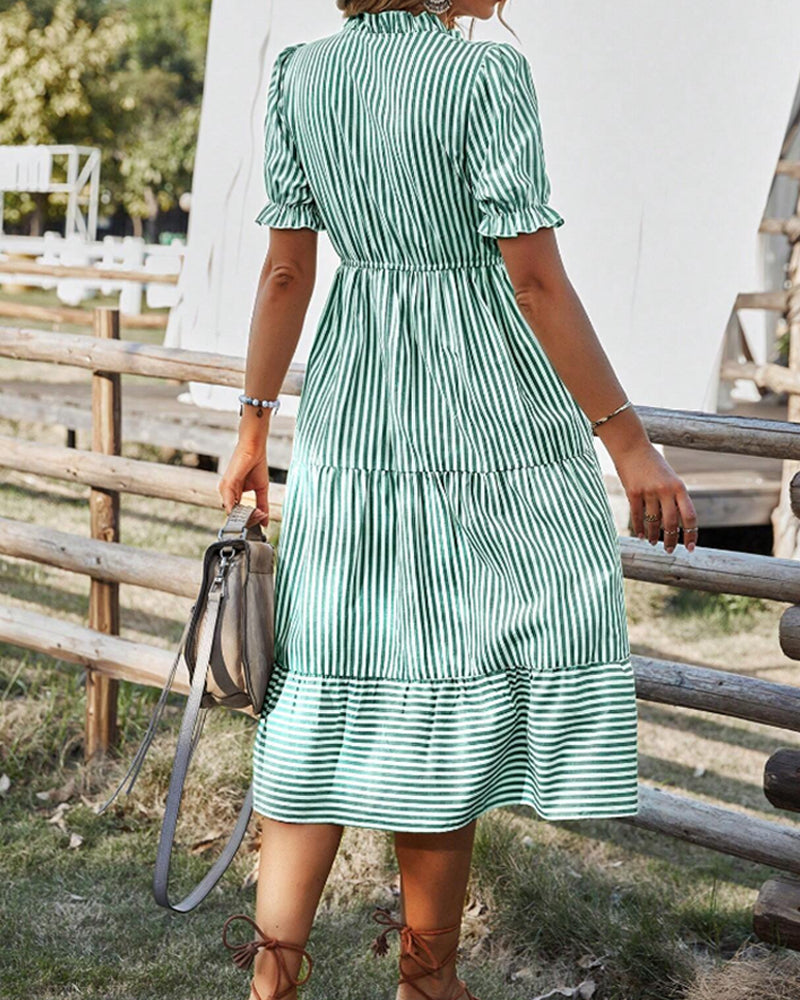 Blue and White Striped Midi Dress with Puff Sleeves