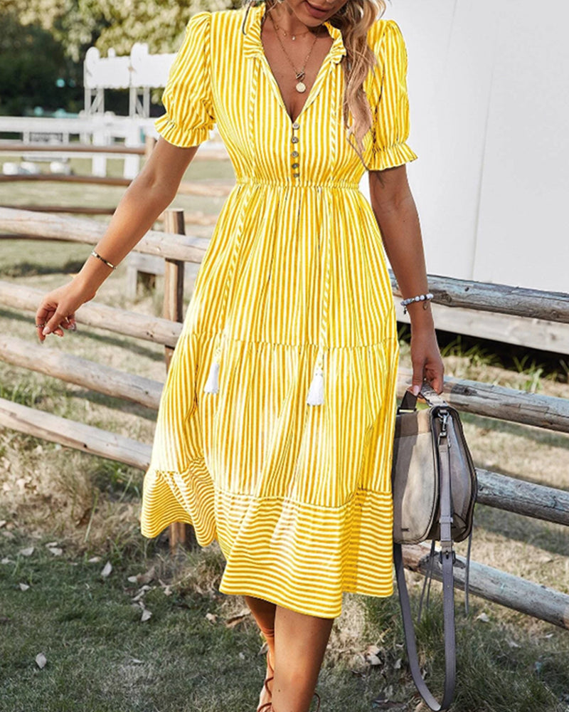 Blue and White Striped Midi Dress with Puff Sleeves