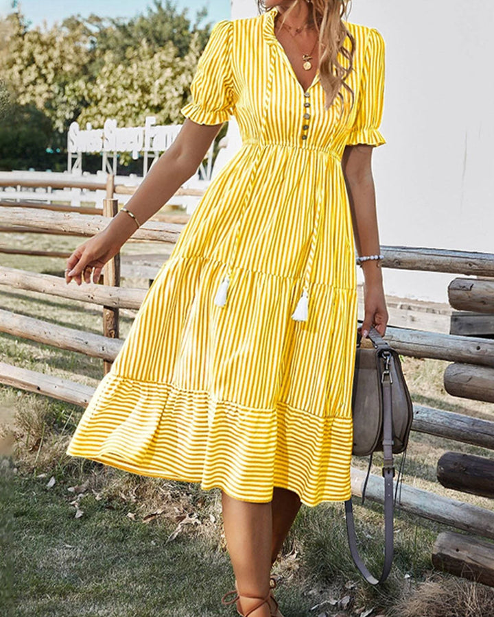 Blue and White Striped Midi Dress with Puff Sleeves