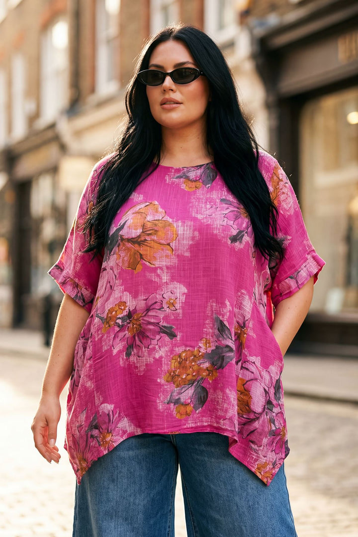 Floral Print Two Front Patch Pockets Oversized Cotton Top — Fuchsia
