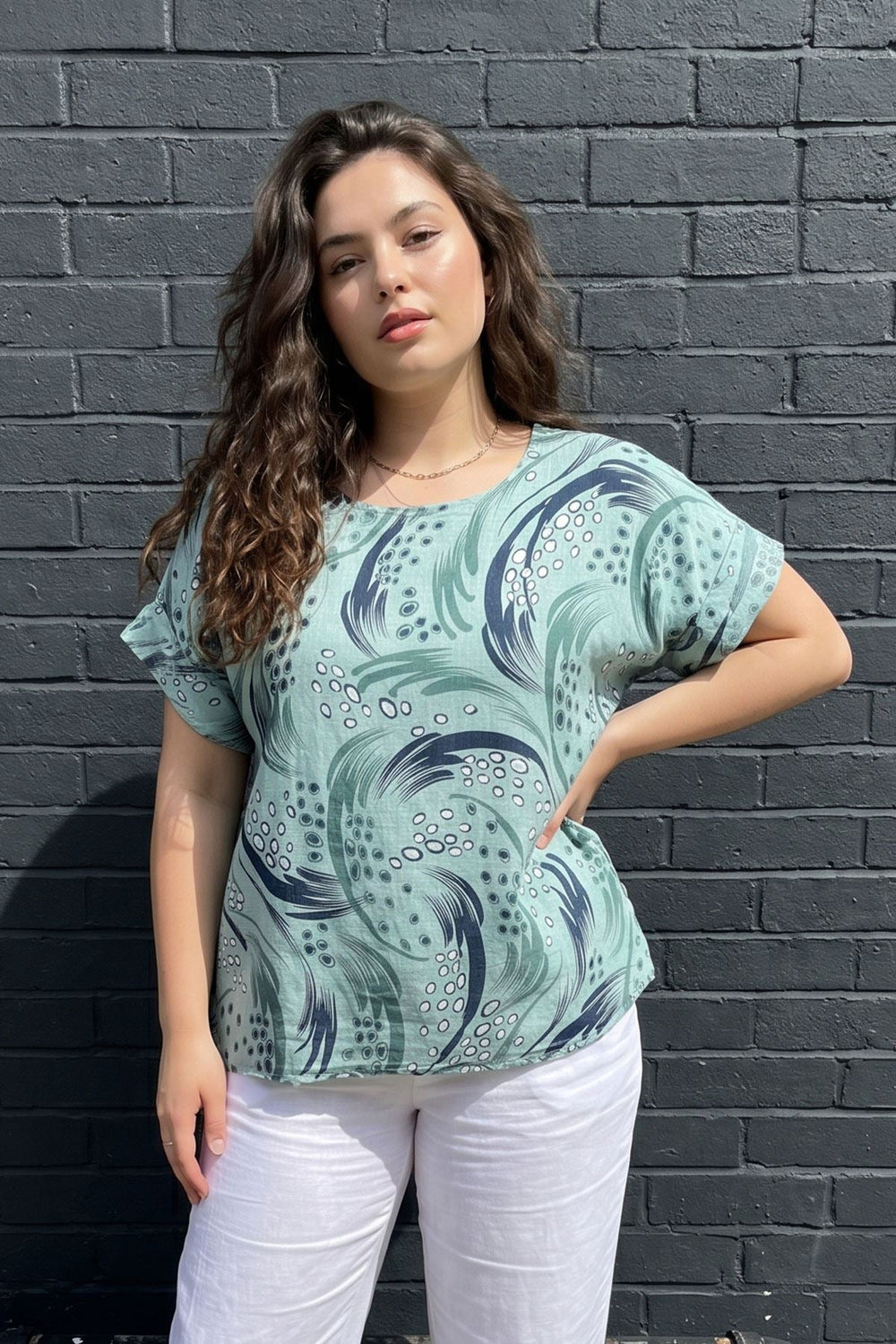 Abstract Print Oversized Tunic Cotton Top for Women - Mint Green