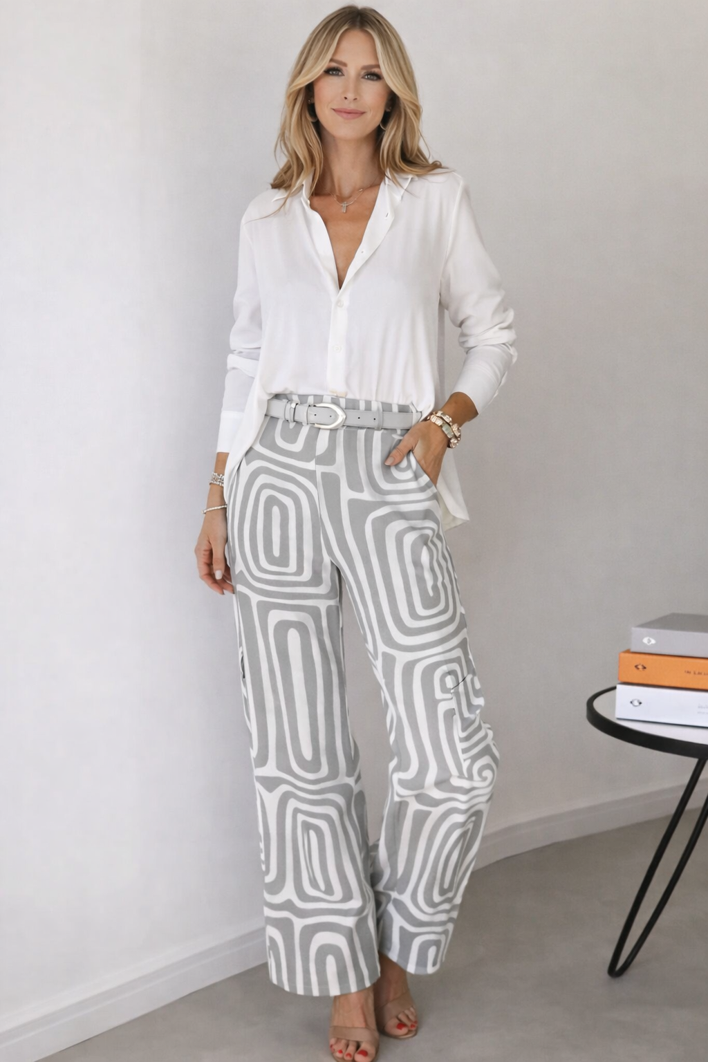 White Printed Blouse and Wide-Leg Trousers Two-Piece Set