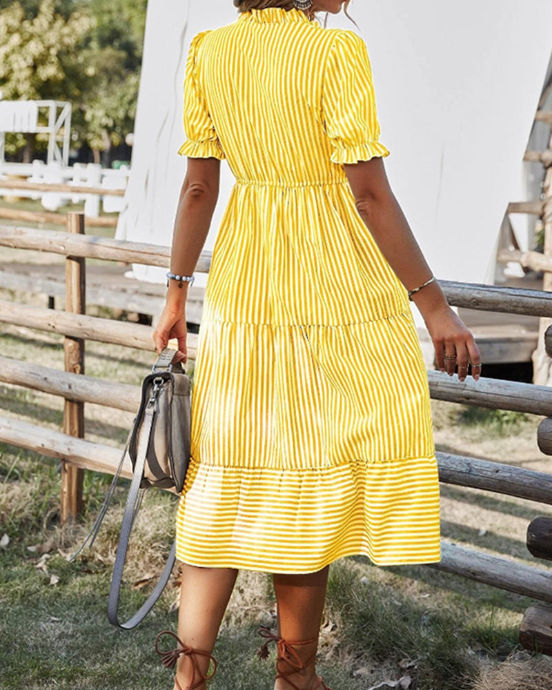 Blue and White Striped Midi Dress with Puff Sleeves
