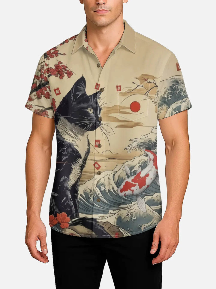 Japanese Cat and Koi Print Short Sleeve Shirt for Men - gallery