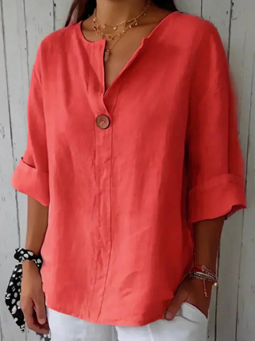 Zamma Relaxed V-Neck Top for Women - Red