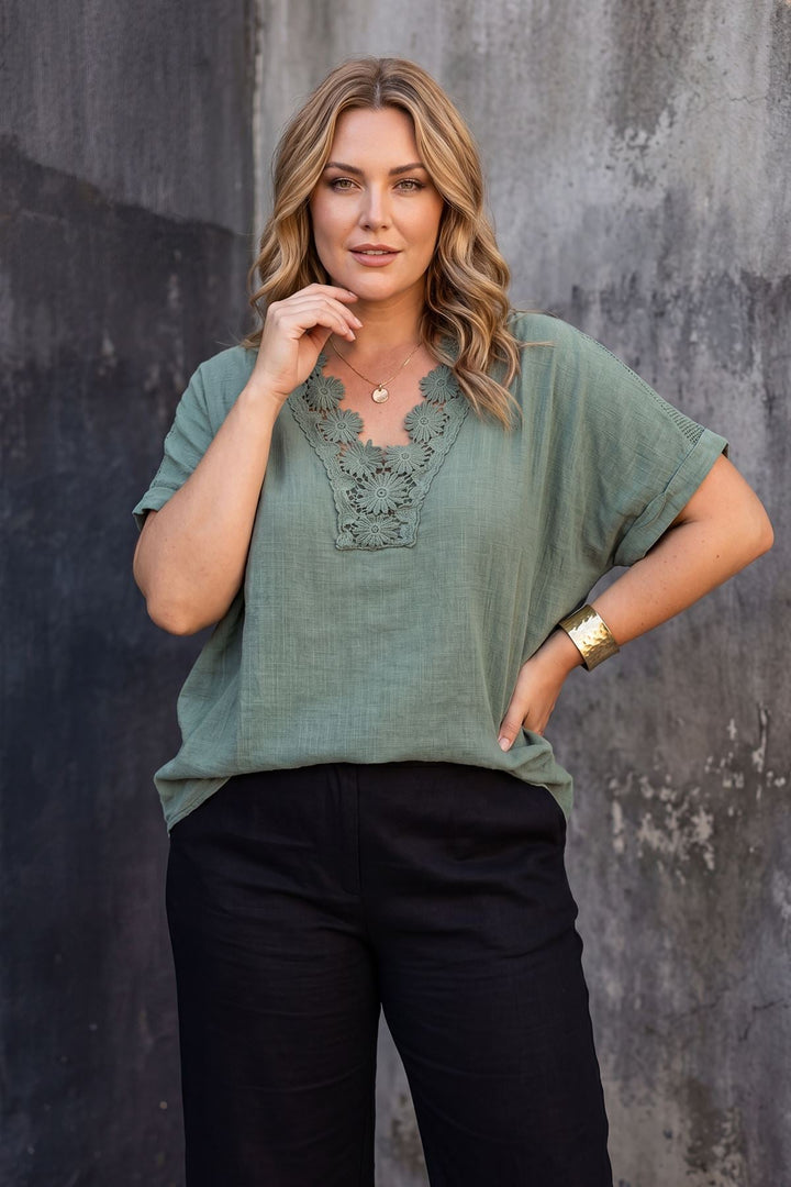 Floral Lace Trim Pattern Tunic Cotton Top — Khaki