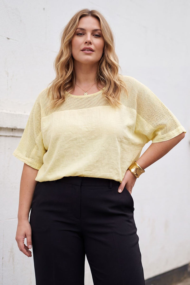 Textured Mesh Panel Tunic Cotton Top — Lemon