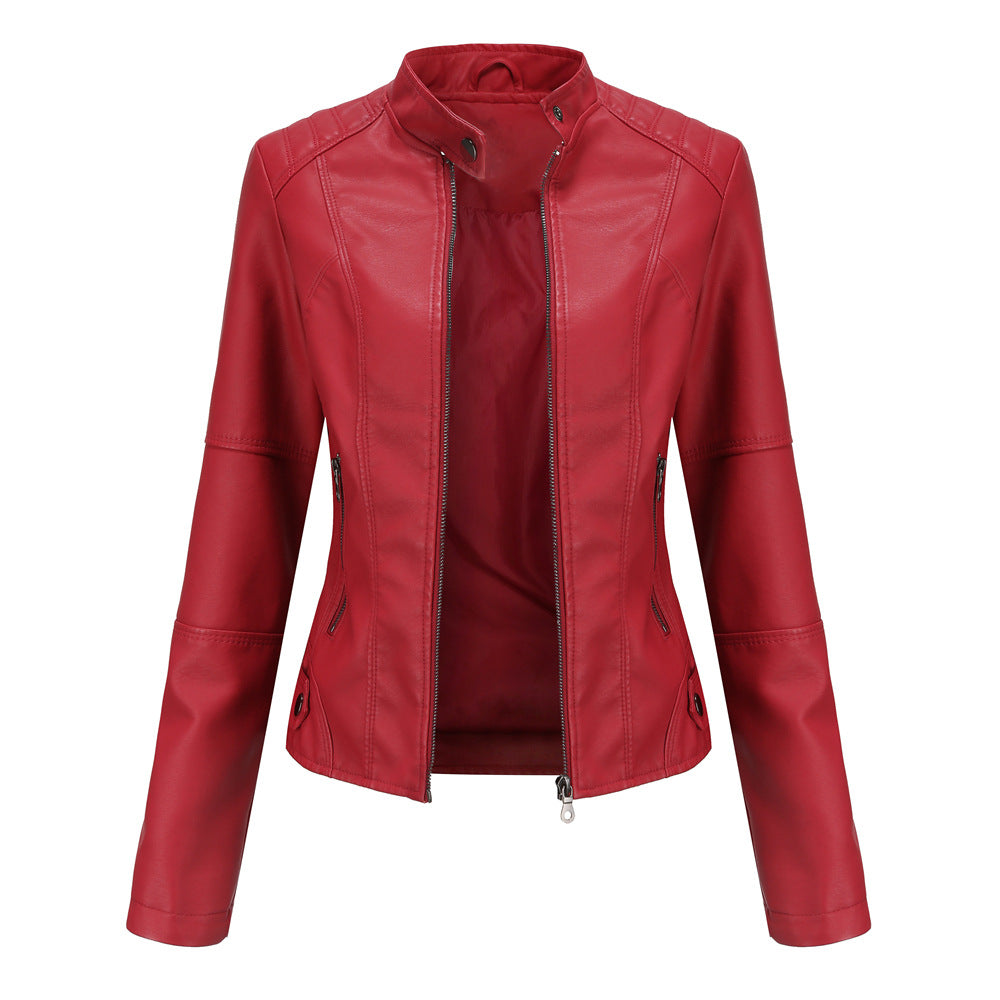 Collarless Biker Jacket in Genuine Leather for Women