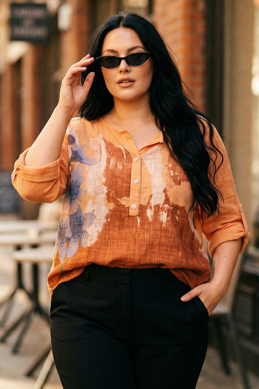 Abstract Floral Button Detail Tunic Cotton Top — Orange