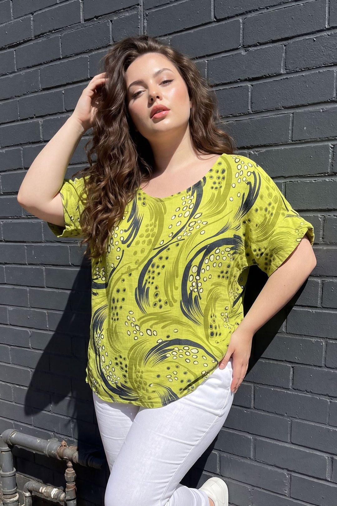 Abstract Print Oversized Tunic Cotton Top for Women - Lime Green