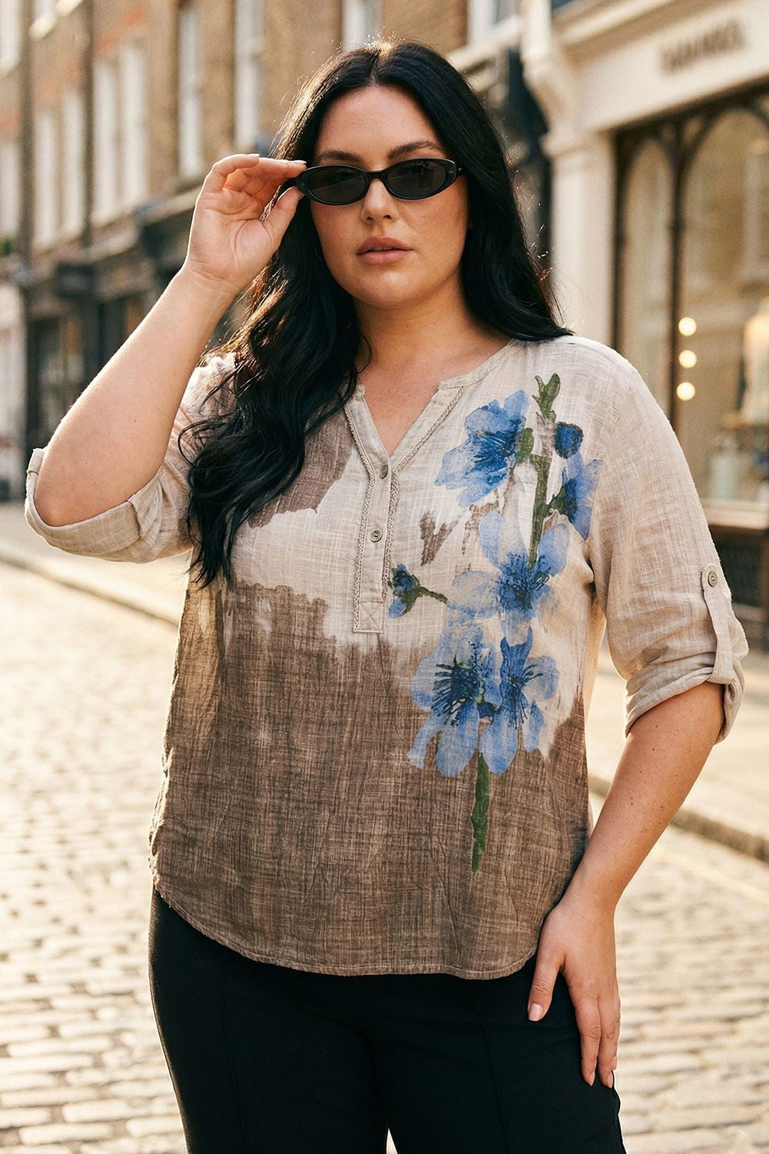 Abstract Floral Button Detail Tunic Cotton Top