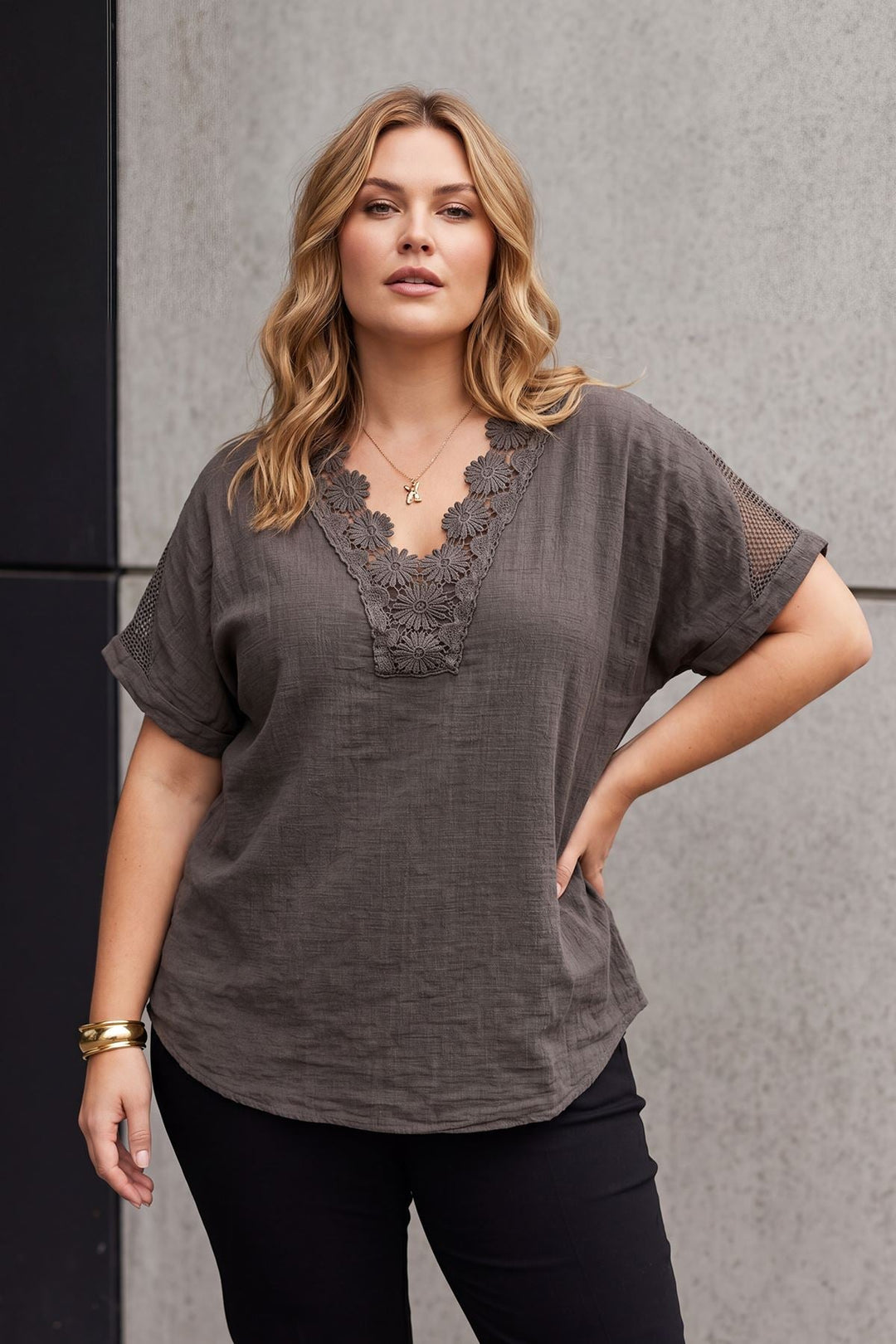 Floral Lace Trim Pattern Tunic Cotton Top — Mocha
