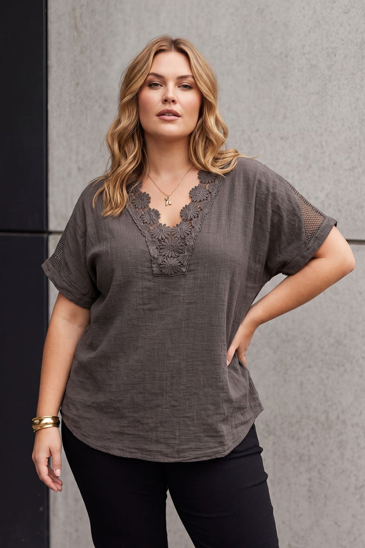 Floral Lace Trim Pattern Tunic Cotton Top — Mocha