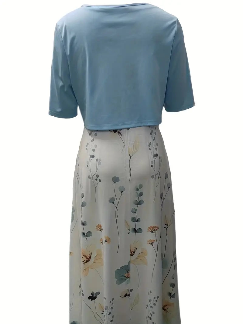 Floral Two-Piece Set with Crop Top and Round Neck Dress