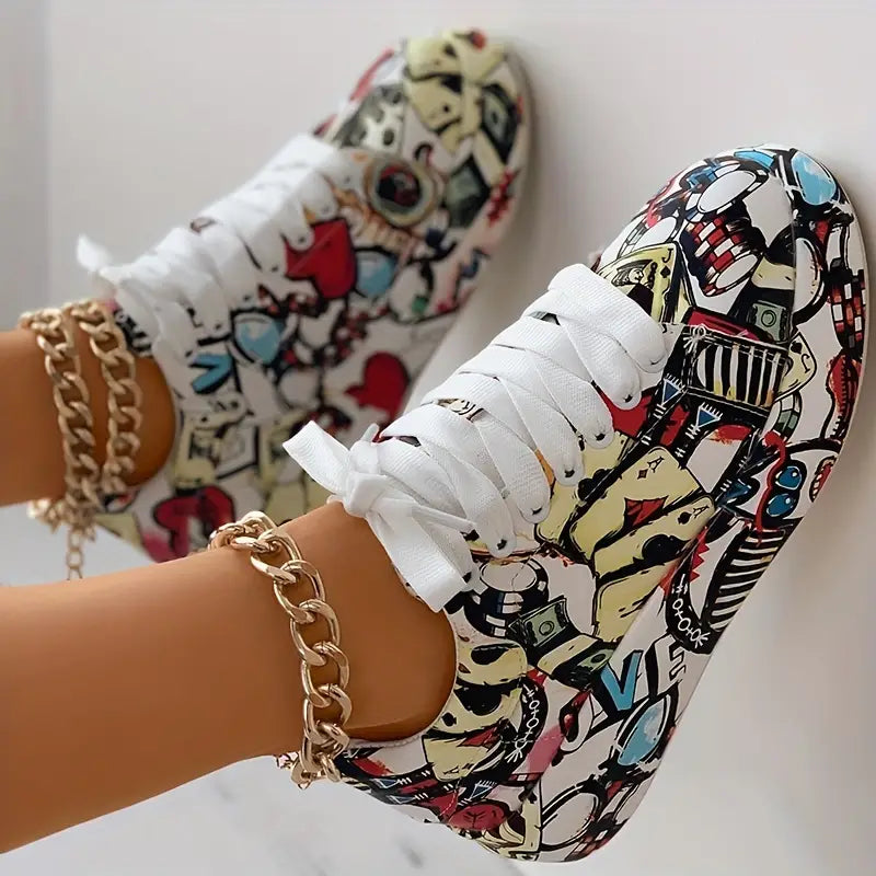 Graffiti-Print Layered Platform Trainers for Women