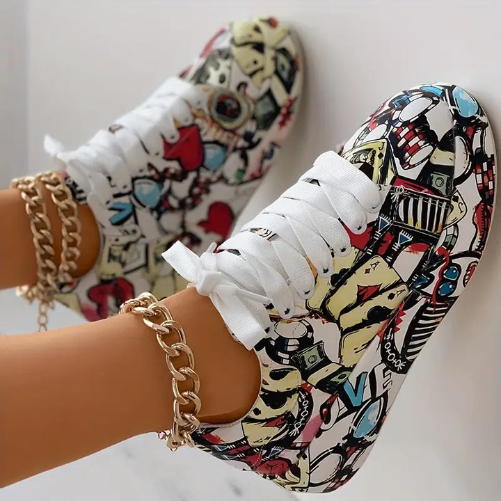 Graffiti-Print Layered Platform Trainers for Women