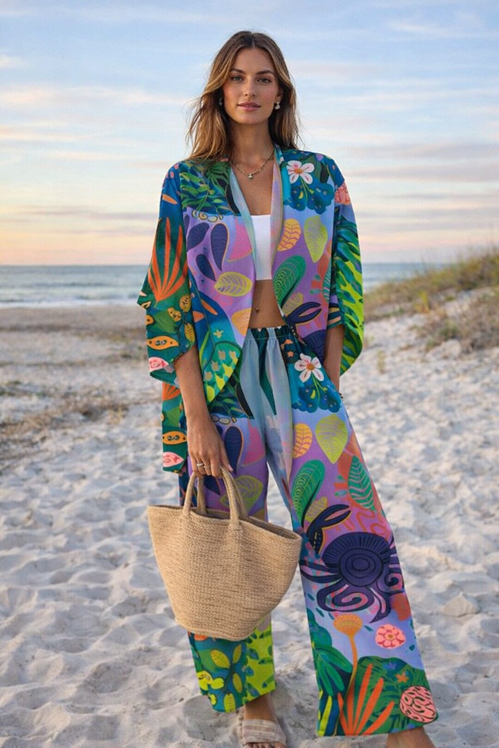 Summer Print Button-Up Shirt and Wide-Leg Trousers Set