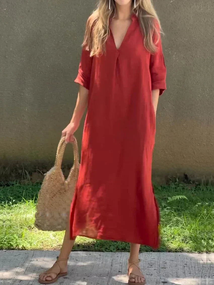 V-Neck Cotton Dress with Built-In Pockets for Women