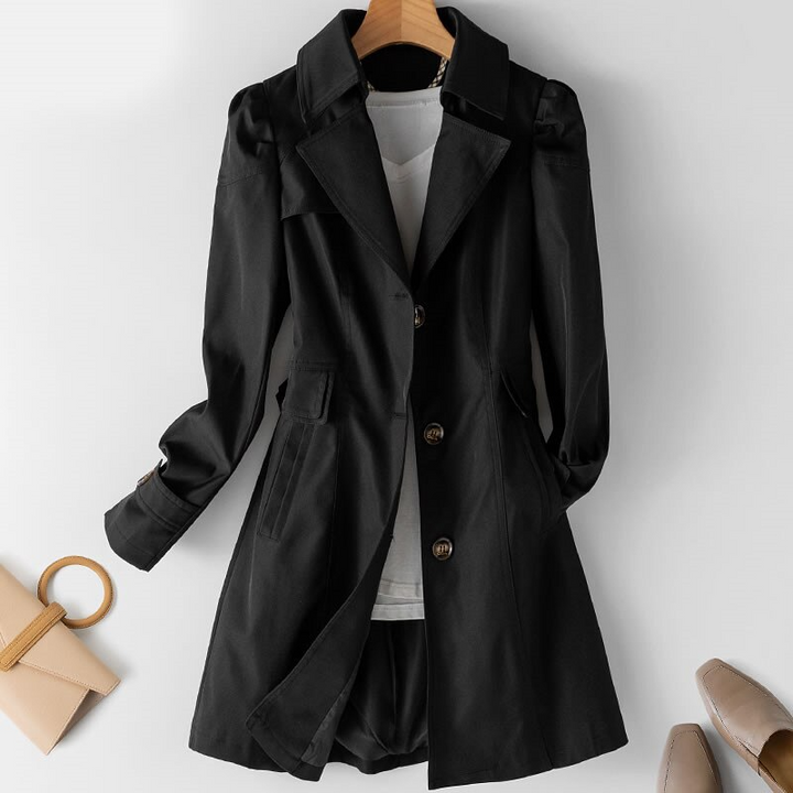 One-Button Trench Coat with Padded Shoulders for Women