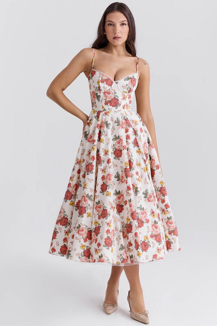 Flowing Midi Dress with a Close-Fitted Silhouette