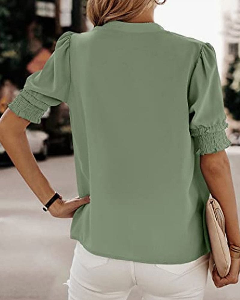 V-Neck Puff Sleeve Chiffon Blouse - Loose Fit