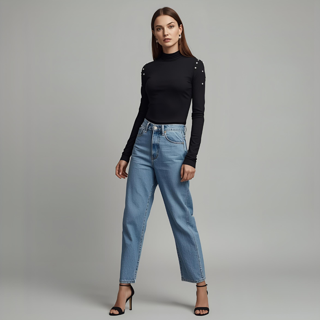 Long-Sleeve Black Turtleneck Top with Pearl Accents
