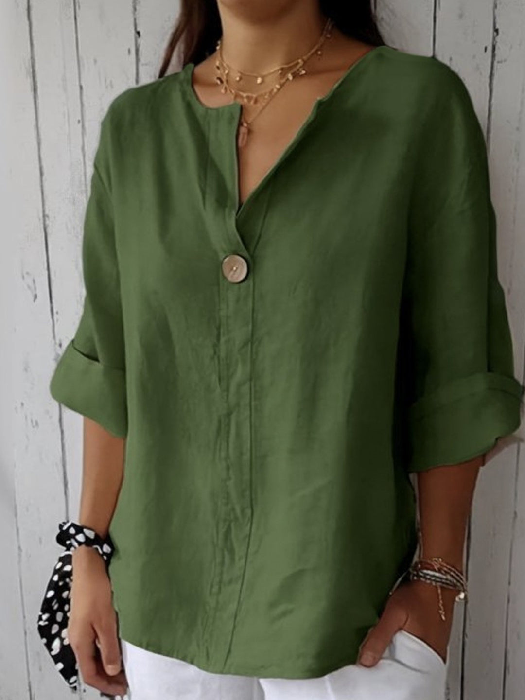 Zamma Relaxed V-Neck Top for Women - Green