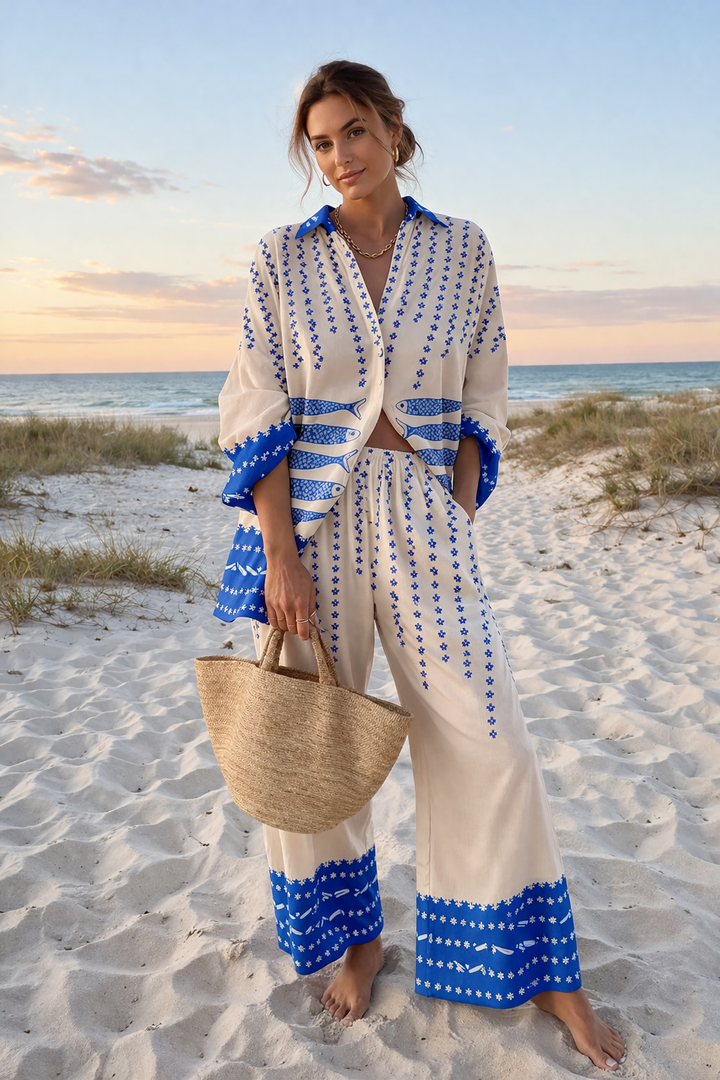 Summer Print Button-Up Shirt and Wide-Leg Trousers Set