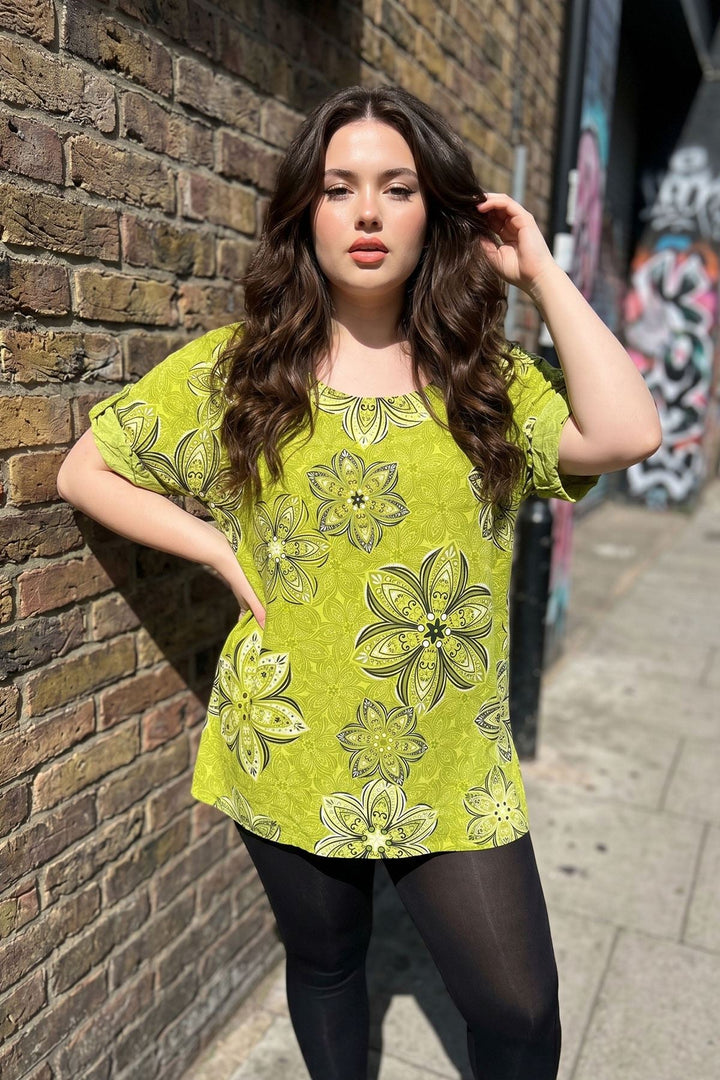 Abstract Floral Print Tunic Cotton Top for Women - Lemon