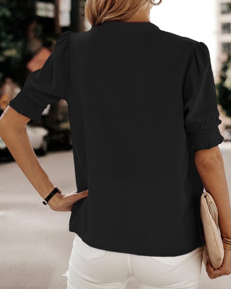 V-Neck Puff Sleeve Chiffon Blouse - Loose Fit