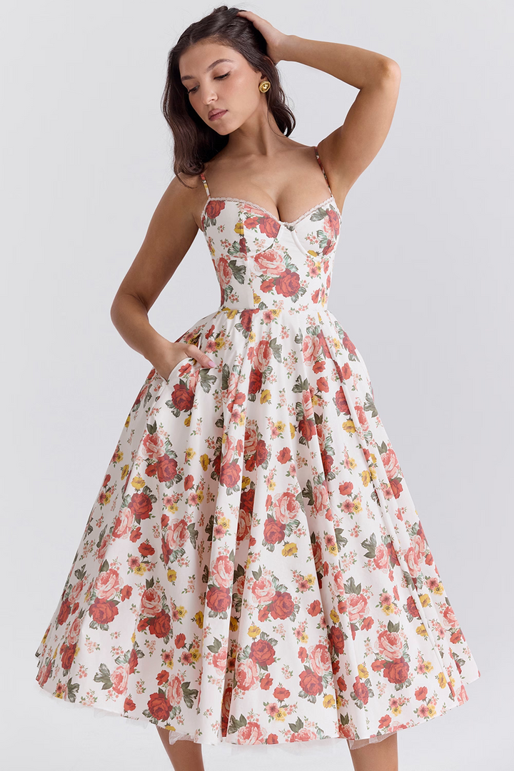 Flowing Midi Dress with a Close-Fitted Silhouette