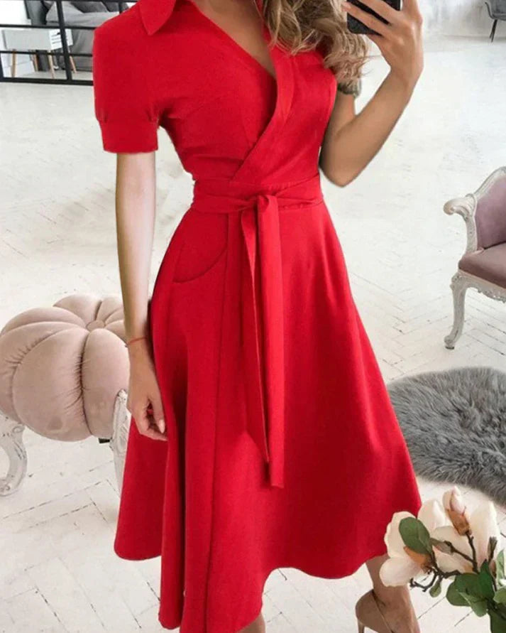V-Neck Midi Dress with a Fluid, Flattering Line for Women