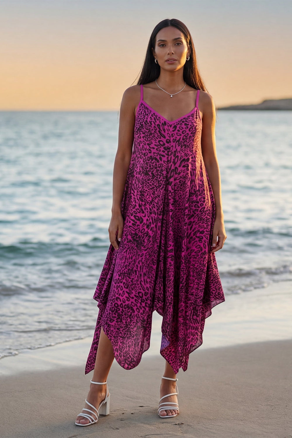 Italian Leopard Strappy Hanky Hem Dress for Women — gallery