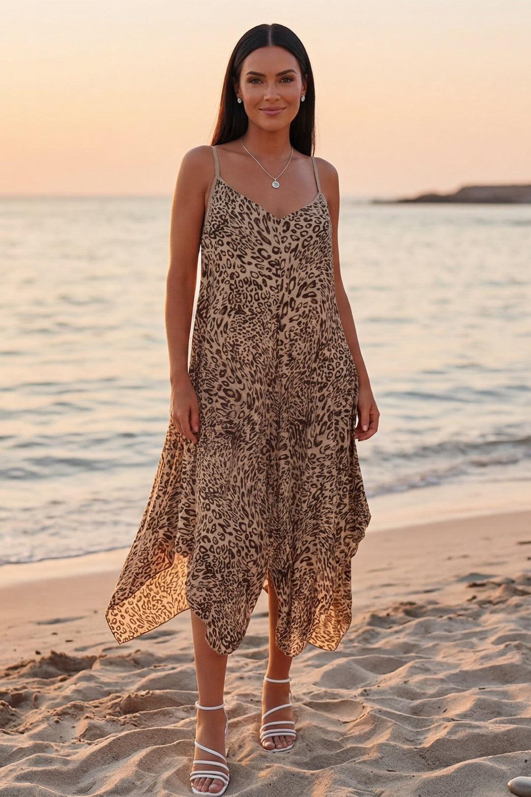 Italian Leopard Strappy Hanky Hem Dress for Women — gallery