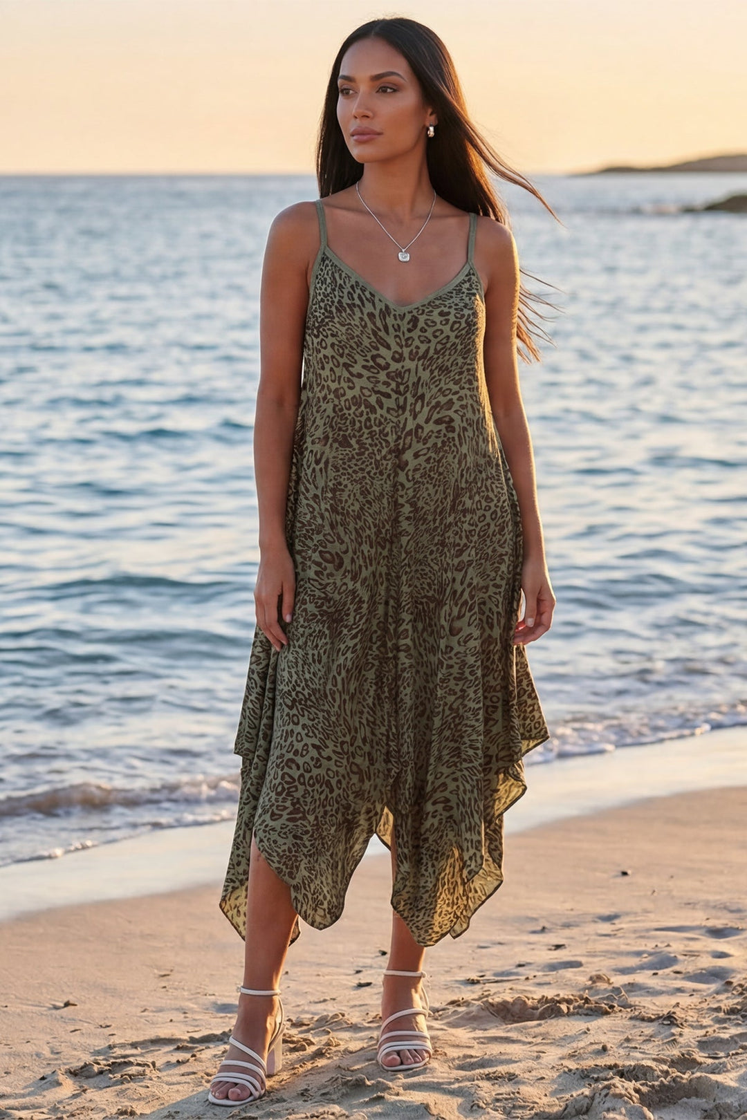 Italian Leopard Strappy Hanky Hem Dress for Women — gallery