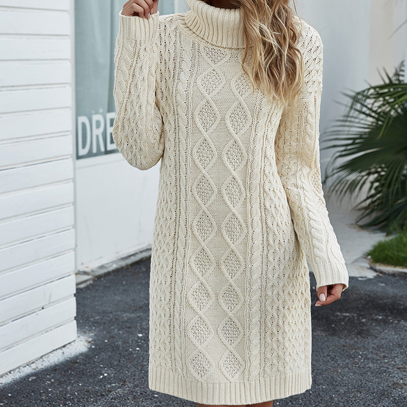 Beige Knit Midi Dress - Warm Ribbed Fit for Women