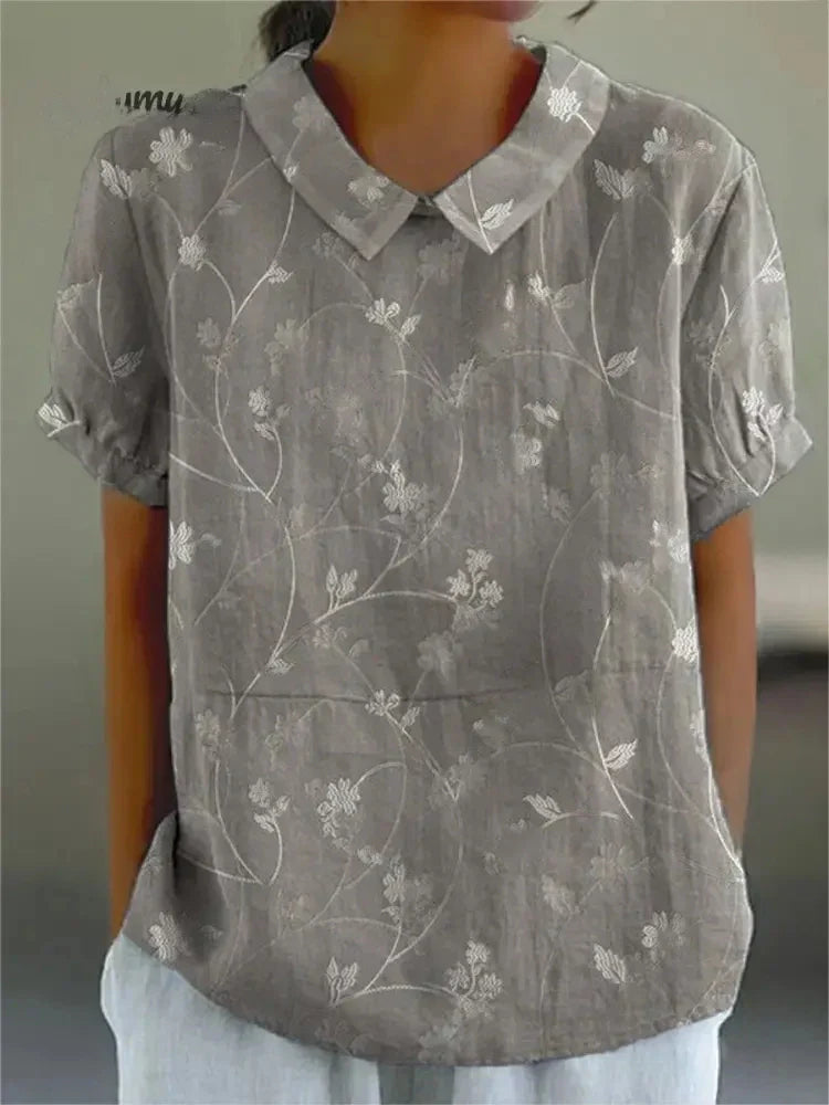 Short-Sleeve Floral Print Cotton Blouse for Women