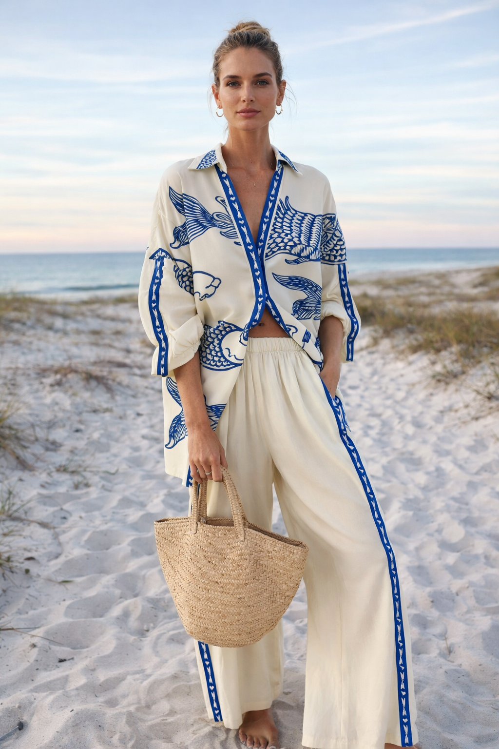 Summer Print Button-Up Shirt and Wide-Leg Trousers Set