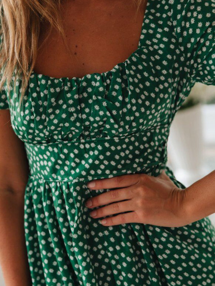 Printed Square Neck Short Sleeve Midi Dress for Women - gallery