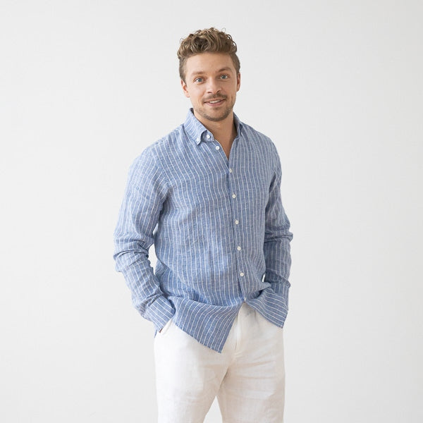 Paul Large Stripe Blue Linen Shirt for Men — gallery