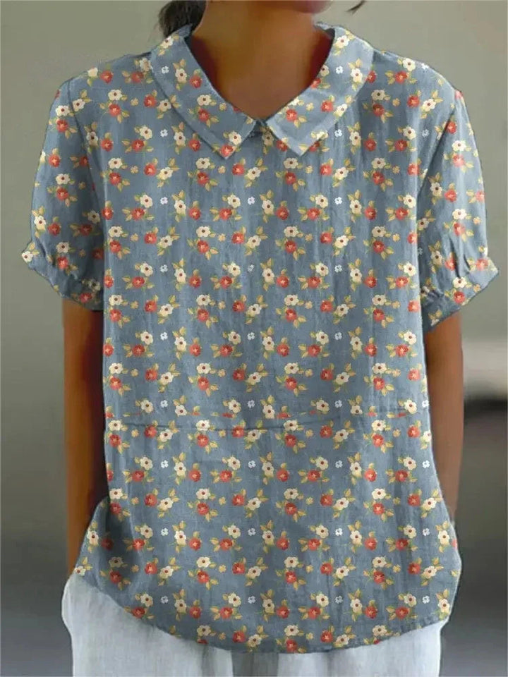 Short-Sleeve Floral Print Cotton Blouse for Women